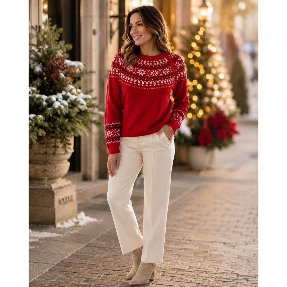 Talbots Petites Red Fair Isle Lambswool Blend Sweater Women LP Nordic Holiday